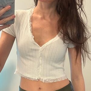 White Pointelle Crop Top Lace Trim